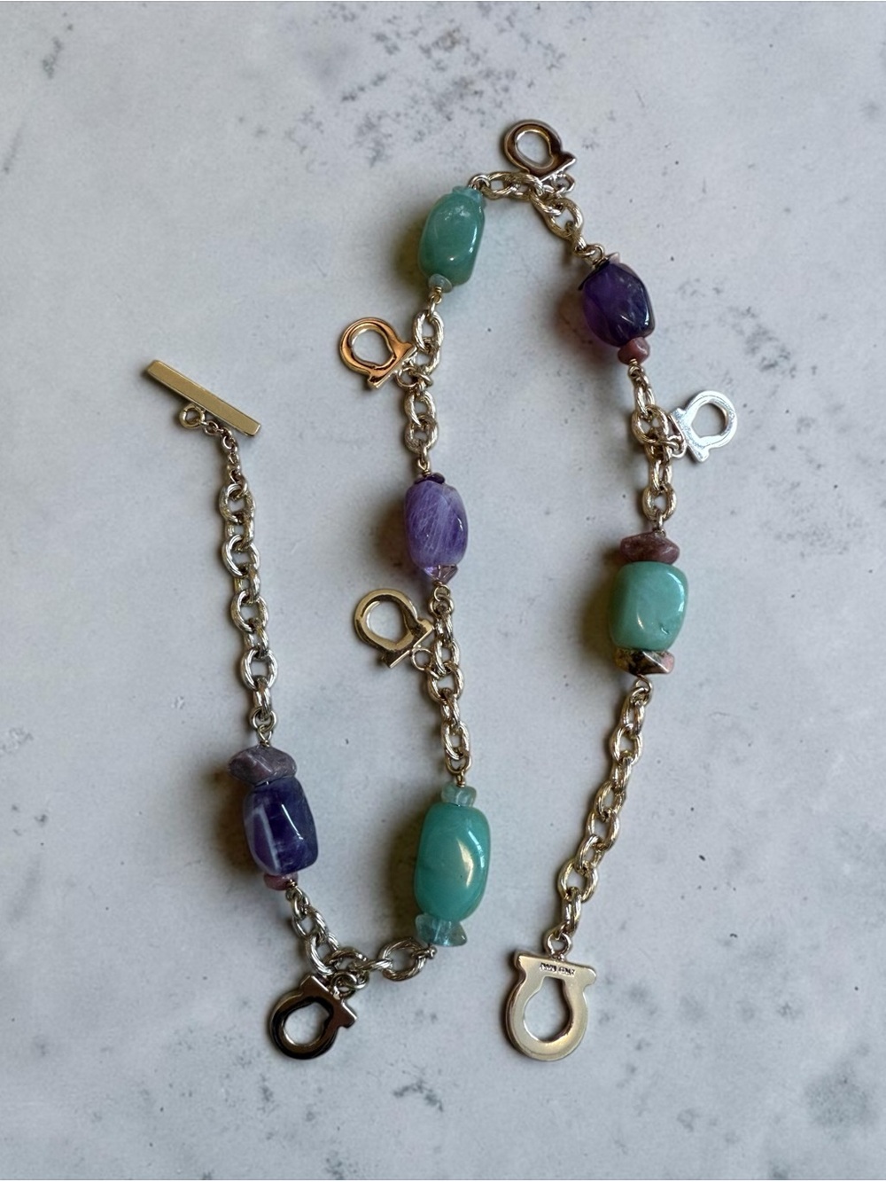 Salvatore Ferragamo Chain Necklace w/ Turquoise Green and Purple Gemstone Beads